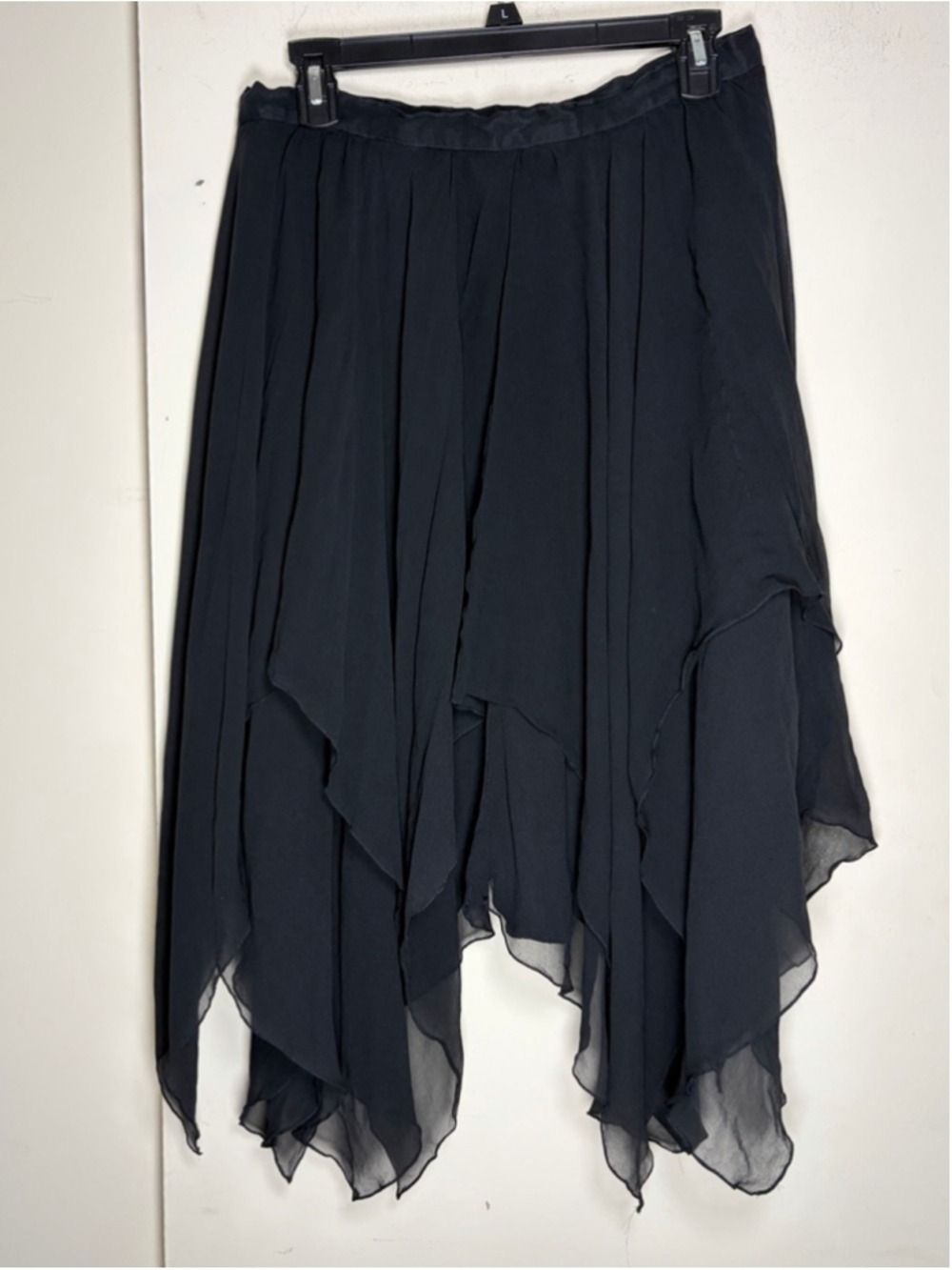 Vintage Black Tie by He-Ro Silk Layered Handkerchief Hem Midi Skirt Size 16